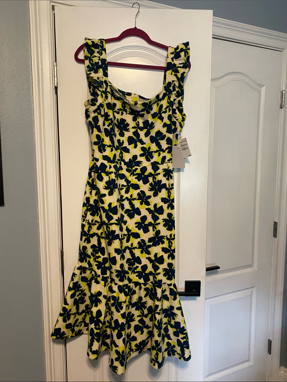 Chelsea28 Navy Floral Ruffle-Trim Yellow Midi Dress